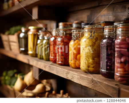 Food in supermarket, glass jars with canned vegetables and fruits. Preserves in glass jars. Neural network AI generated art 128844046