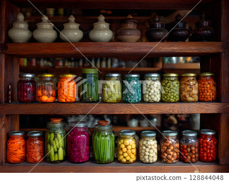 Food in supermarket, glass jars with canned vegetables and fruits. Preserves in glass jars. Neural network AI generated art 128844048