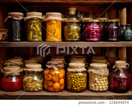 Food in supermarket, glass jars with canned vegetables and fruits. Preserves in glass jars. Neural network AI generated art 128844054