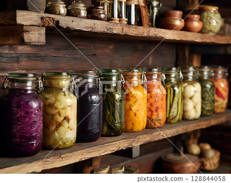 Food in supermarket, glass jars with canned vegetables and fruits. Preserves in glass jars. Neural network AI generated art 128844058