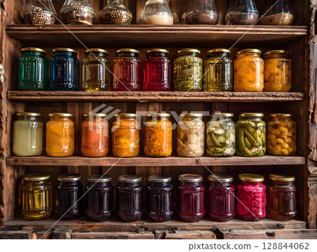 Food in supermarket, glass jars with canned vegetables and fruits. Preserves in glass jars. Neural network AI generated art 128844062