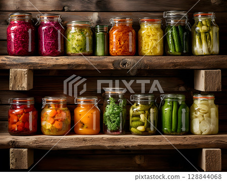 Food in supermarket, glass jars with canned vegetables and fruits. Preserves in glass jars. Neural network AI generated art 128844068