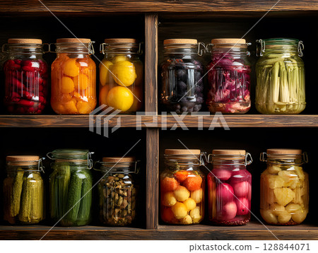 Food in supermarket, glass jars with canned vegetables and fruits. Preserves in glass jars. Neural network AI generated art 128844071