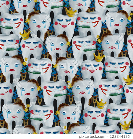 A cheerful and playful pattern featuring cartoon teeth, perfect for childrens designs 128844125