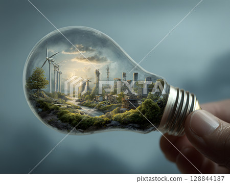 The light bulb as a concept of environmental protection and energy saving. Neural network AI generated art 128844187