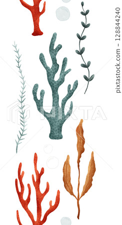 Vibrant and Colorful Coral along with Artistic Seaweed Illustrations for Marine Themes 128844240