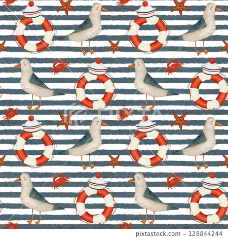 Seagulls, lifebuoys, sailor's caps, crabs and starfish on seamless pattern. 128844244