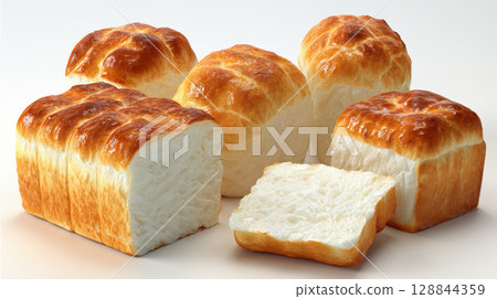 An appetizing display of freshly baked white bread loaves, showcasing their golden-brown crusts and soft, airy interior. Ideal for sandwiches, toast, or a delicious side to any meal An appetizing display of freshly baked white bread loaves, showcasing their golden-brown crusts and soft, airy interior. Ideal for sandwiches, toast, or a delicious side to any meal 128844359