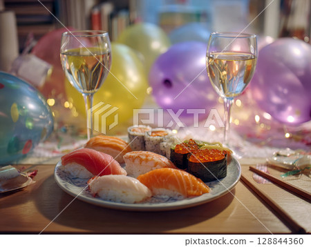 A tempting plate of fresh sushi and two glasses of white wine, set against a festive backdrop of colorful party balloons and twinkling lights. Ideal for celebrations and special occasions 128844360