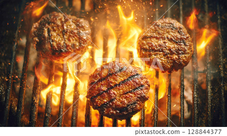 Close-up of three juicy beef patties cooking on fiery grill, with visible char marks, vibrant flames. Perfect for evoking deliciousness of grilled food, summer barbecues, gourmet burger preparations 128844377