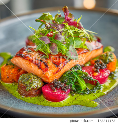 Perfectly seared salmon fillets, presented beautifully on a plate with vibrant roasted vegetables, vivid green sauce, fresh microgreens, and a touch of caviar. A delicious and elegant restaurant dish 128844378