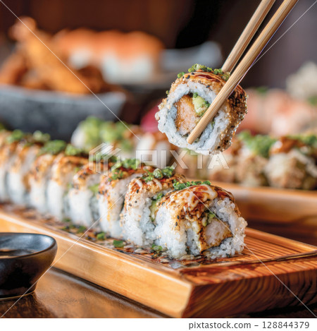 Chopsticks delicately lift a perfectly crafted sushi roll, showcasing its flavorful filling and rich sauce, with a long tray of rolls blurred in the background for Japanese cuisine lovers. 128844379
