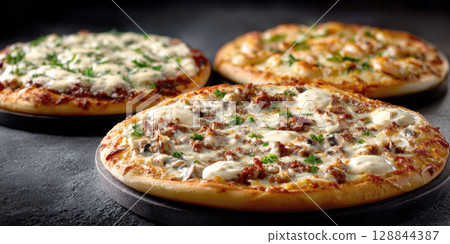Indulge in our exquisite variety of freshly baked pizzas, featuring premium ingredients and golden crusts. A delightful culinary experience for any occasion, from casual nights to festive gatherings 128844387