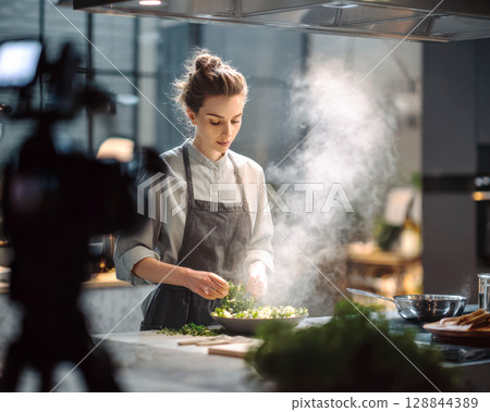 Female chef is intently focused on garnishing dish amidst a cloud of steam, showcasing her expertise in a sleek, contemporary kitchen, camera setup. Concept of food blog, cooking show, online tutorial Female chef is intently focused on garnishing dish amidst a cloud of steam, showcasing her expertise in a sleek, contemporary kitchen, camera setup. Concept of food blog, cooking show, online tutorial 128844389