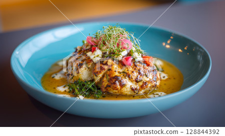 Beautifully roasted cauliflower steak, drizzled with a flavorful sauce, and adorned with vibrant microgreens and fresh herbs. An excellent choice for culinary showcases and healthy lifestyle content. 128844392
