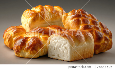 An appetizing display of freshly baked white bread loaves, showcasing their golden-brown crusts and soft, airy interior. Ideal for sandwiches, toast, or a delicious side to any meal 128844396