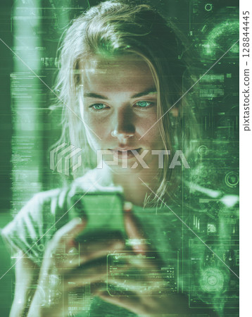Young woman immersed in digital environment, interacting with smartphone amidst futuristic green data overlays, symbol of technology, communication, artificial intelligence in modern life 128844445