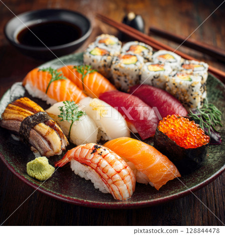 Discover stunning selection of fresh sushi, sashimi, meticulously arranged on dark plate. Assortment includes nigiri, maki rolls, showcasing seafood, expert craftsmanship, dining experience 128844478