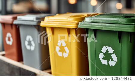 Row of colored recycling bins with clear recycling symbols, ready for waste separation. Themes of environmental protection, sustainability, waste management, importance of eco-friendly practices 128844481