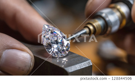 Master artisan meticulously cutting and polishing a magnificent pear-shaped diamond, showcasing the intricate process and sparkling facets of this precious gemstone in a detailed, professional setting 128844506