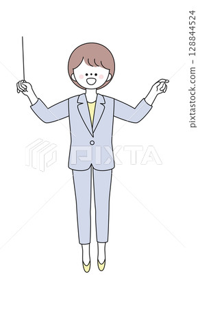 一位身穿西裝、手持指揮棒的女士的插圖 一位身穿西裝、手持指揮棒的女士的插圖 128844524