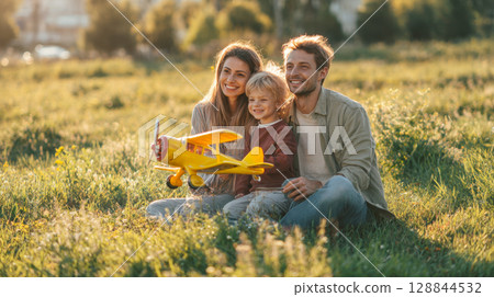 Joyful family of three, including father, mother, young child, sitting together in grassy field, happily engaging with yellow toy airplane. Symbol of cherished moments of family bonding, outdoor play 128844532