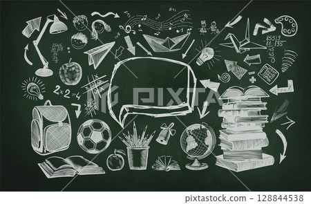 Welcome back to school horizontal banner, chalk drawing on school board, vector illustration. Handmade, not AI 128844538