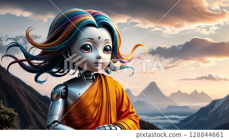 humanoid robot with colorful flowing hair wearing traditional orange garment in scenic mountain landscape for use in futuristic culture digital art and nature themes 128844661