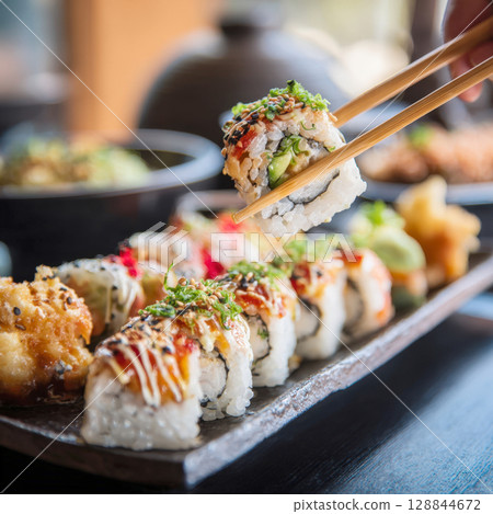Hand uses chopsticks to pick up sushi roll, showcasing variety of maki with topping, fillings, arranged on rectangular plate. Themes of fresh, delicious Japanese cuisine, authentic dining experience 128844672