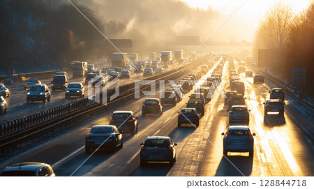 An expansive view of a multi-lane highway packed with cars during rush hour, illuminated by the warm, golden light of either sunrise or sunset, emphasizing scale of urban congestion, daily commutes 128844718