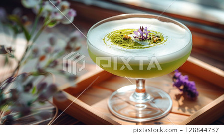 Botanical matcha cocktail with lilac syrup and dried flowers in glass goblet, soft shadows and natural autumn textures 128844737