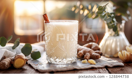 Elegant fall mocktail with cinnamon in crystal glass, ginger and eucalyptus on marble, soft focus and clean tones 128844738