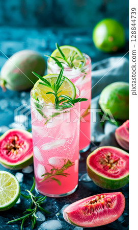 Tropical guava spritz with herbs in minimal beachside scene, styled for summer wellness and coastal calm Tropical guava spritz with herbs in minimal beachside scene, styled for summer wellness and coastal calm 128844739