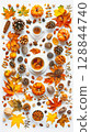 Watercolor autumn flat lay with ink line details, leaves, branches, acorns, and seasonal elements on textured paper 128844740