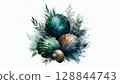Deep-toned watercolor seashells in emerald, navy, and beige, with soft light layers, offering a serene and graceful composition 128844743