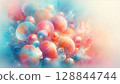 Translucent seashells painted in soft sunrise watercolor tones of peach, pale yellow, lavender, and light blue, with a gentle, airy composition 128844744