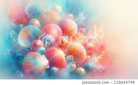 Translucent seashells painted in soft sunrise watercolor tones of peach, pale yellow, lavender, and light blue, with a gentle, airy composition 128844744