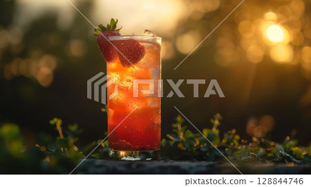 Colorful strawberry basil mocktail with herbs and ice in a tall glass, set outdoors with soft sunlight and casual summer feel Colorful strawberry basil mocktail with herbs and ice in a tall glass, set outdoors with soft sunlight and casual summer feel 128844746