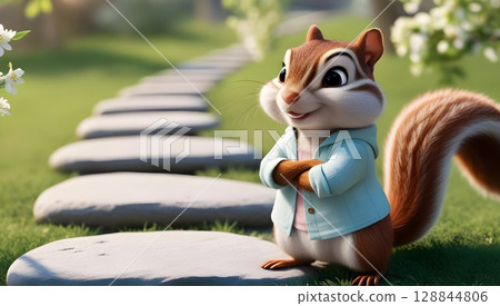 adorable chipmunk stopping on stone path to reflect in peaceful natural setting 128844806