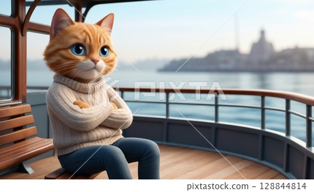 cute pensive cat on ferry with calm water and urban skyline in background for use in editorial content postcards or storytelling illustrations cute pensive cat on ferry with calm water and urban skyline in background for use in editorial content postcards or storytelling illustrations 128844814