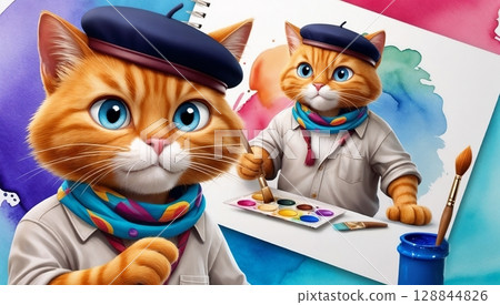 an animated cute cat surrounded by painting tools on a delicate watercolor background for use in marketing materials, posters, or concept work an animated cute cat surrounded by painting tools on a delicate watercolor background for use in marketing materials, posters, or concept work 128844826