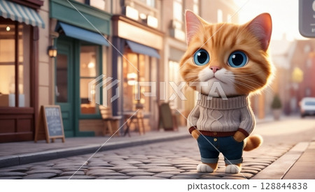 relaxed cartoon cat walking in cozy cityscape on a bright spring day for branding connected with easygoing lifestyle, city atmosphere, and warm seasons 128844838