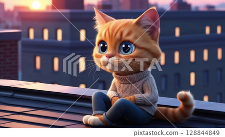 whimsical cat sitting on high rooftop as city lights start to twinkle for branding connected with urban exploration, soft lighting, and nostalgia 128844849
