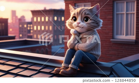 peaceful cartoon cat watching the sunset over the city from rooftop for use in projects about romantic evenings, warm atmospheres, and personal reflection 128844850