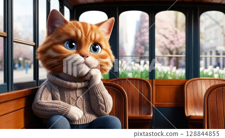 thoughtful cartoon cat sitting on vintage tram with wooden seats and city view for use in projects related to vintage transportation, city life, and quiet moments 128844855