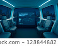 Interior of autonomous city shuttle with wide seats, panoramic windows, and digital interface at night 128844882