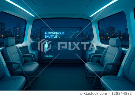 Interior of autonomous city shuttle with wide seats, panoramic windows, and digital interface at night 128844882