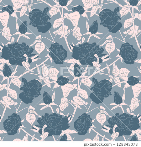Vintage seamless pattern with hand drawn blue rose flowers silhouettes with white leaves Vintage seamless pattern with hand drawn blue rose flowers silhouettes with white leaves 128845078