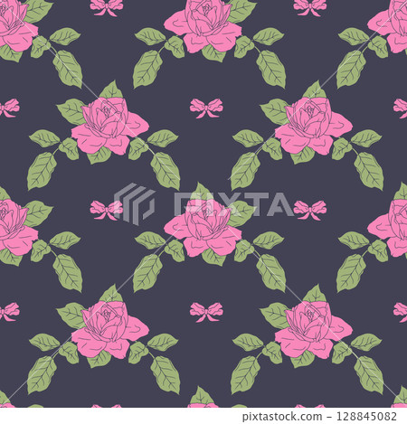 Vintage line art pink rose bouquets and fancy bow knots seamless pattern with dark blue backdrop 128845082
