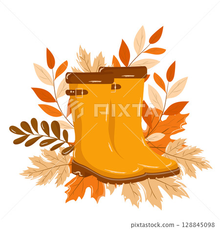 Yellow autumn rubber boots surrounded by colorful fall leaves in shades of yellow, orange, and brown. Vector illustration on white background. Seasonal autumn concept 128845098